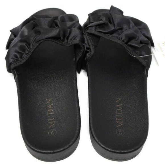 Mudan Slide Sandals Black Satin Ruffle Size 9‎ - Picture 4 of 6
